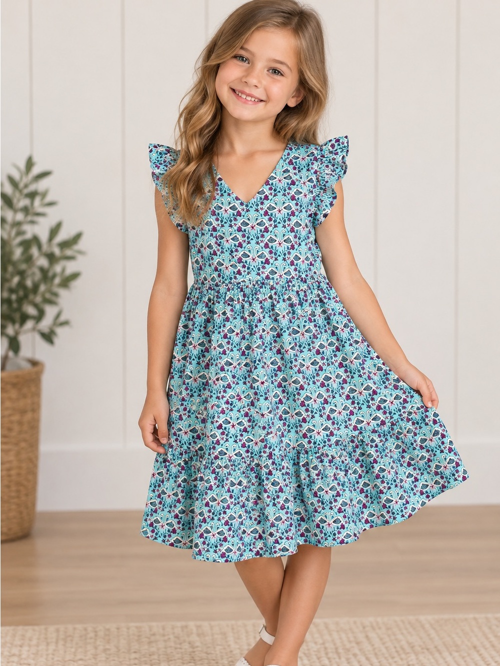 Tea Collection Girls Size 8 Swan Print Ruffle Flutter Sleeve Tiered Dress